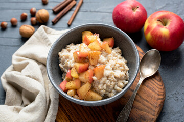 Oatmeal porridge bowl with apple and cinnamon. Vegan fall comfort food for healthy breakfast
