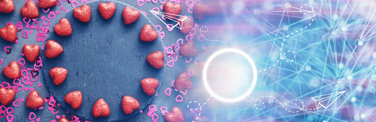 Romantic background. The concept of love and relationships. Heart shaped figures on a dark background. Card for Valentine's Day.