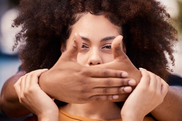 Woman, silence and victim hand cover mouth for stop, quiet and domestic violence secret. Fear, rape and black woman suffering from horror, gender based violence and sexual abuse, stuck and hostage - obrazy, fototapety, plakaty