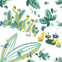 Seamless pattern on a white background with mushrooms and green leaves