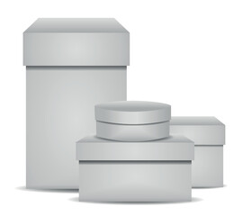 White blank cardboard boxes in various shapes and sizes