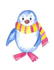 Hand-drawn watercolor penguin. Isolated illustration in png format.