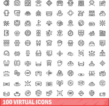 100 virtual icons set. Outline illustration of 100 virtual icons vector set isolated on white background