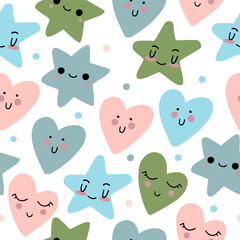 The pattern of cute hearts of stars and rainbows with kawaii eyes. For decoration of childrens rooms and holidays. Vector modern style