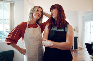 Small business, women in salon and success in hair salon startup partnership. Growth, development...