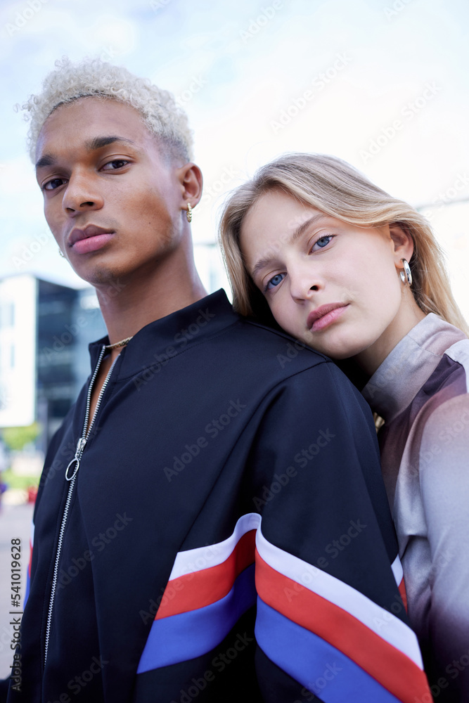 Sticker Fashion, youth and portrait of couple in city pose for selfie wearing trendy, stylish and cool clothes. Diversity, freedom and fashion design students on weekend in urban town with serious face