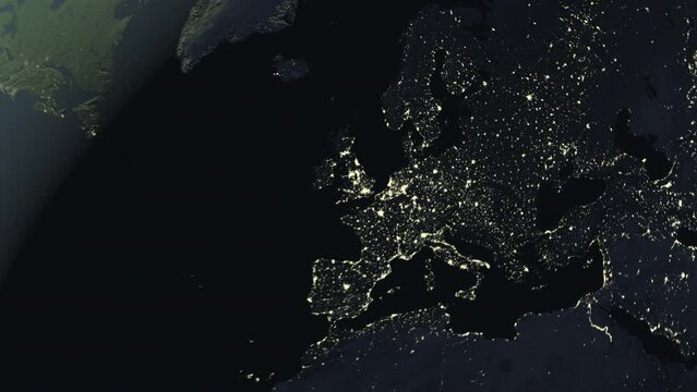 Seamless looping animation of the earth at night zooming in to the 3d map of Norway with the capital and the biggest cites in 4K resolution