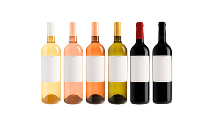 Bottles of wine set, isolated on transparent background. Rose, white and red wine. Wine collection. Origin France. With label.