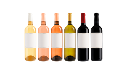 Bottles of wine set, isolated on transparent background. Rose, white and red wine. Wine collection. Origin France. With label.