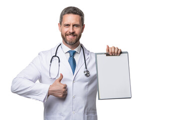 smiling doctor showing clinical record. doctor isolated on white with clinical record.