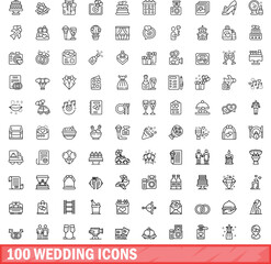 Fototapeta na wymiar 100 wedding icons set. Outline illustration of 100 wedding icons vector set isolated on white background