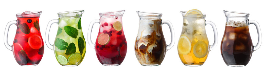 Iced drinks in pitchers isolated