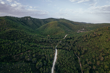 Drone view of savage landscape road in the middle of the forest and mountains