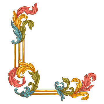 Decorative floral corner in baroque style. Colorful curling plant.
