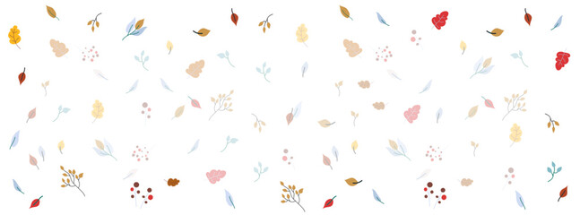 Autumn leaves and berries horizontal background with light copy space for text. Abstract childish multicolored foliage. Banner template Flat style vector illustration