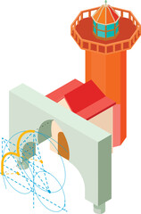 Building icon isometric vector. Arch project and large lighthouse building icon. Designing, construction, reconstruction