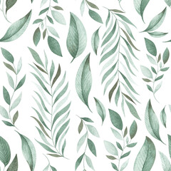 Watercolor seamless pattern with delicate foliage. Tender repeatable background for holiday designs