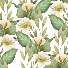 Delicate seamless pattern with leaves and white flowers