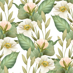 Obraz premium Delicate seamless pattern with leaves and white flowers