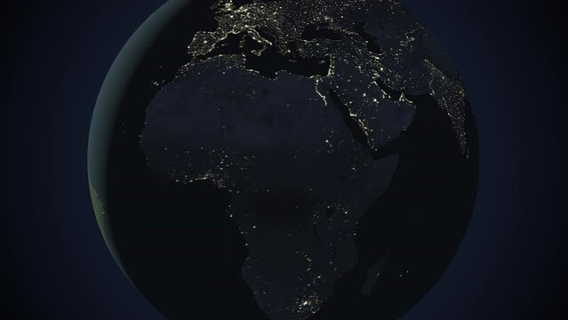 Seamless looping animation of the earth at night zooming in to the 3d map of Oman with the capital and the biggest cites in 4K resolution