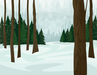 Winter forest. Trunks of trees, firs and Christmas trees in the snow. Nature in winter. Realistic vector landscape