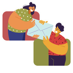 A woman and a man pass each other a large envelope. Postal service, correspondence, communication