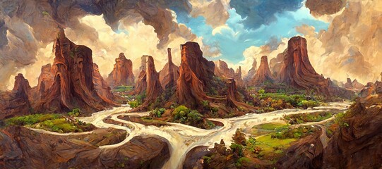 Grandiose canyon valley with tall brown sandstone cliffs, rock formations and sparse semi desert vegetation. Arid dry and hot landscape climate - surreal epic turbulent rain storm clouds.