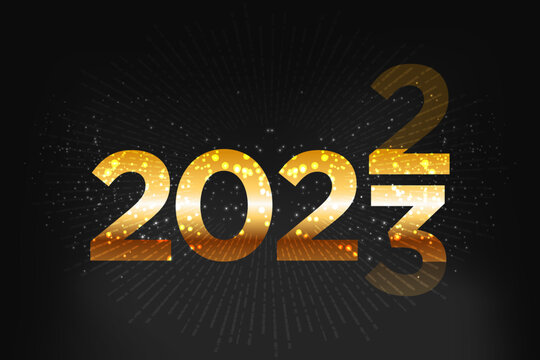 Happy New Year 2023. Gold gradient numbers with sparkling stars and lights on a black background