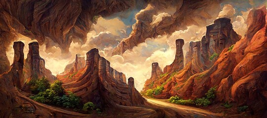 Fototapeta na wymiar Grandiose canyon valley with tall brown sandstone cliffs, rock formations and sparse semi desert vegetation. Arid dry and hot landscape climate - surreal epic turbulent rain storm clouds.