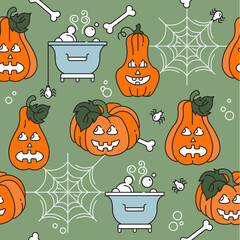 Seamless pattern Happy Halloween. Vector linear illustration. Coloring. Pumpkins and cobwebs with spiders.
