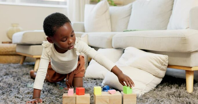 Kids, building blocks and creative learning in family home, living room floor and ground for growth, development and fun. Happy children, educational brick toys and toddler creativity in house lounge