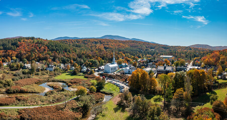 Panoramic aerial view of the town of Stowe in Vermont in the fall