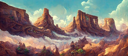 Grandiose canyon valley with tall brown sandstone cliffs, rock formations and sparse semi desert vegetation. Arid dry and hot landscape climate - surreal epic turbulent rain storm clouds.
