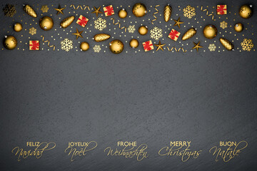 Flat lay golden christmas ornaments on a black stone plate. Text 