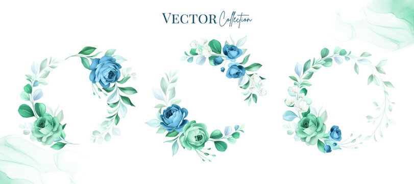 Set of watercolor floral frame bouquets of roses and leaves. Botanic decoration illustration for wedding card, fabric, and logo composition