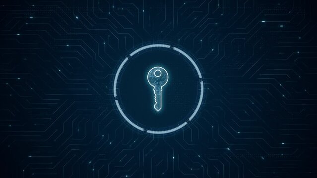 Motion graphic of Blue digital security key logo and futuristic technology circle HUD with circuit board and data transfer on abstract background network secure concept