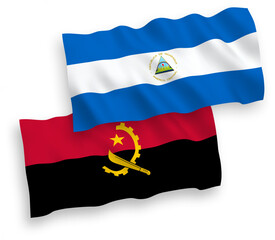 National vector fabric wave flags of Nicaragua and Angola isolated on white background. 1 to 2 proportion.