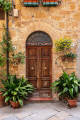 Fototapeta na wymiar Old door in the historic town Pienza in the Val d'Orcia in Tuscany, Italy.