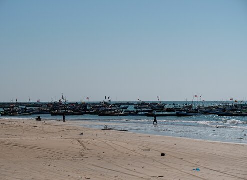 Lot Of Parked Boats And The Beach Of The Bay Of Bengal In Ngwesaung, Myanmar