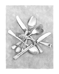 Cutlery. Illustration of forks, knives, tablespoons, teaspoons. Still life. Black and white pencil and charcoal hand drawing. Sketch.  Art decor for wall. Art print