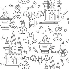 Seamless merry Halloween pattern. Vector, line illustration. Castle, ghosts, pumpkins.
