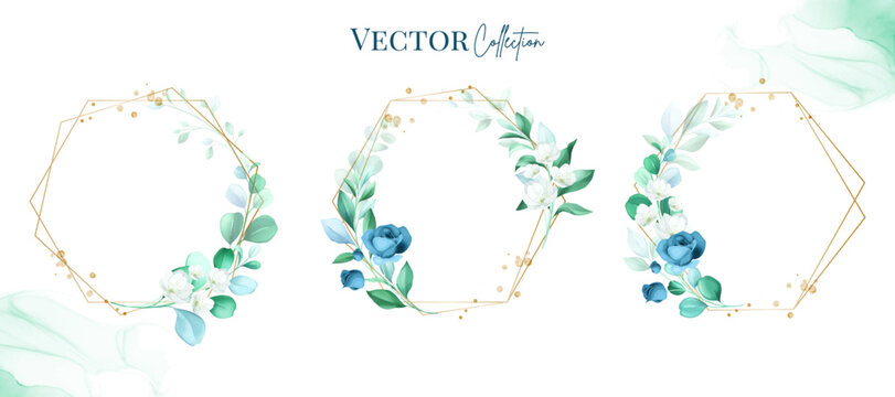 Rose flower watercolor frame wreath with gold frame design bouquet flower design vector