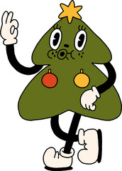 Groovy Christmas vibe png clipart illustration. Christmas tree in trendy retro 60s hippie flat cartoon style. Merry Christmas and Happy New year element, isolated on transparent background