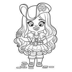 Cute cartoon long haired pirate girl in hat with skull brooch and gold coins in hand outlined for coloring page on white background