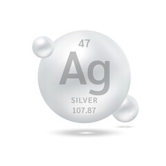 Silver molecule models silver and chemical formulas scientific element. Natural gas. Ecology and biochemistry concept. Isolated spheres on white background. 3D Vector Illustration.