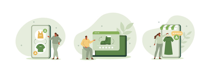 Sustainable fashion illustration set. Characters sell, buy and swap used clothes and shoes online. Second hand, clothes exchange and donation. Conscious consumption concept. Vector illustration.