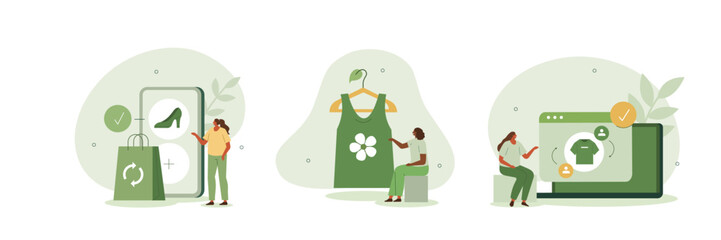 Sustainable fashion illustration set. Characters consciously buying recycling eco friendly or used second hand clothes and shoes. Reduce, reuse, recycle concept. Vector illustration.
