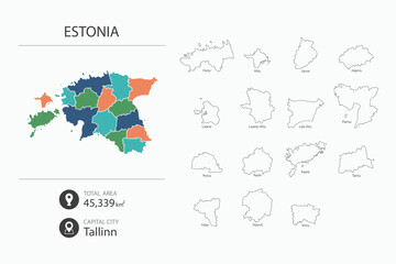 Fototapeta na wymiar Map of Estonia with detailed country map. Map elements of cities, total areas and capital.