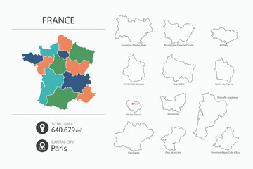 Map of France with detailed country map. Map elements of cities, total areas and capital.