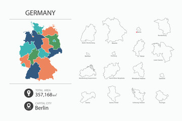 Naklejka premium Map of Germany with detailed country map. Map elements of cities, total areas and capital.